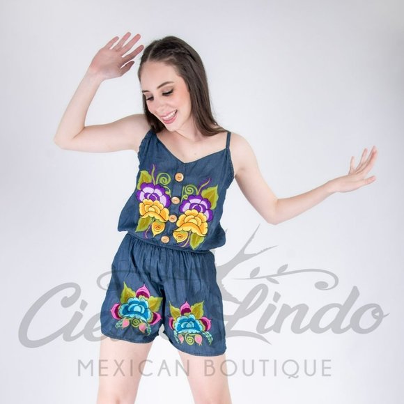 Mexican Denim Romper with Floral Multicolor Embroidery - Picture 1 of 6